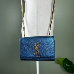 YSL Blue Glitter Leather Kate Mini Chain Bag